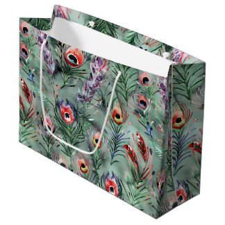 Grand Sac Cadeau Green Red Peacock Feathers