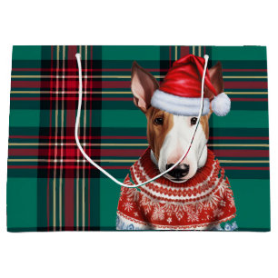 Grand Sac Cadeau Green Red Plaid Bull Terrier Amoureux des chiens H