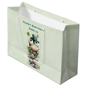 Grand Sac Cadeau Grenouille au chapeau vert et trèfle mignon annive