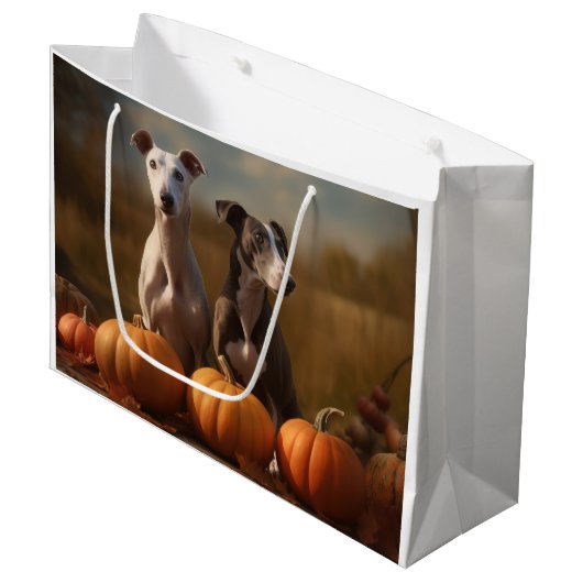 Grand Sac Cadeau Greyhound Chiot Automne Citrouille de plaisir (Devant Angle)