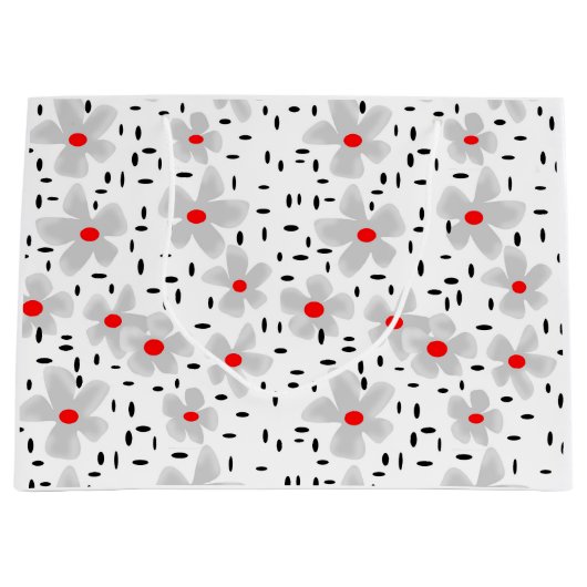 Grand Sac Cadeau gris avec des fleurs rouges sur blanc rétro arrièr (Devant)