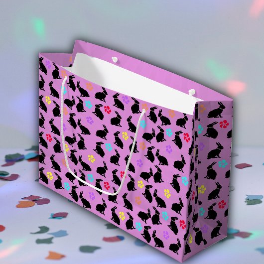 Grand Sac Cadeau Groupe de lapins en silhouette noire Fleurs roses