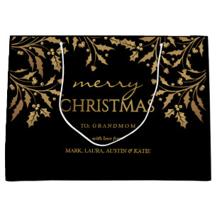 Grand Sac Cadeau Guirlande de houx de feuille d'or de Joyeux Noël