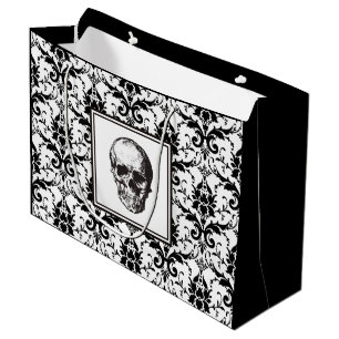 Grand Sac Cadeau HALLOWEEN Crâne à motif damassé vintage noir