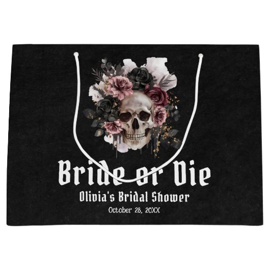Grand Sac Cadeau Halloween Fleur Skull Mariée ou Mourir Enterrement (Devant)