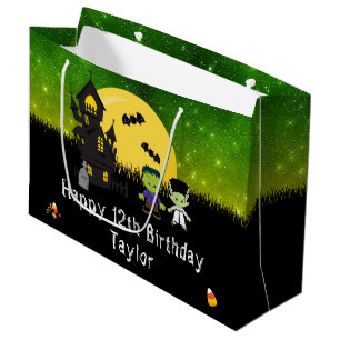 Grand Sac Cadeau Halloween Joyeux Anniversaire Monstres Vert foncé