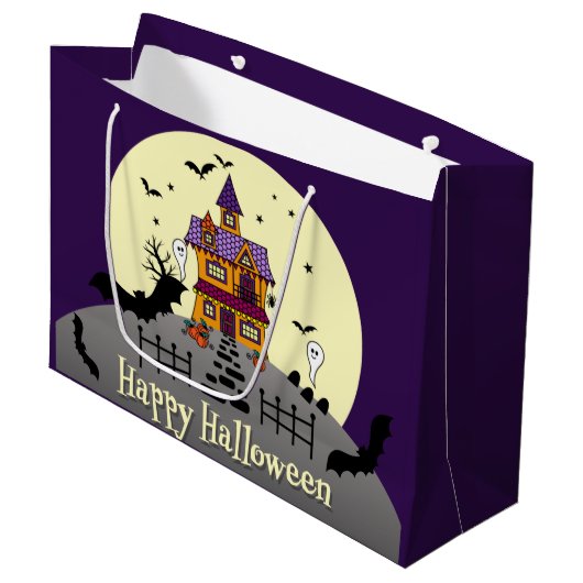 Grand Sac Cadeau Halloween Maison hantée Chauve-chauve Pleine lune (Devant Angle)
