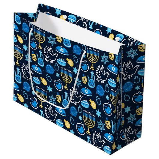 Grand Sac Cadeau Hanoukka Symboles Motif bleu (Devant Angle)