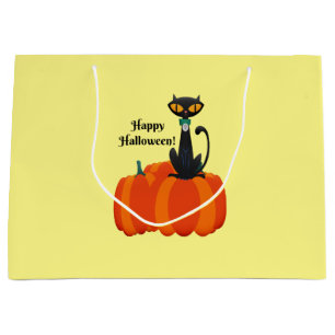 Grand Sac Cadeau Happy Halloween, chat noir/citrouille,