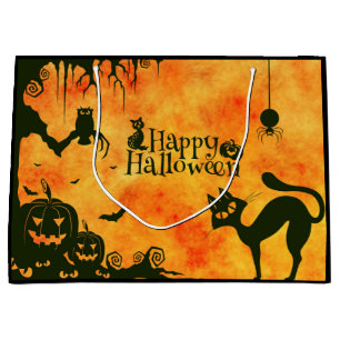 Grand Sac Cadeau Happy Halloween chat noir, hibou, citrouille