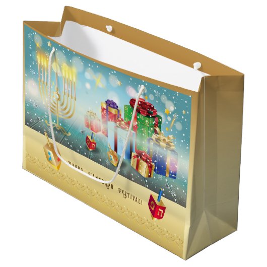 Grand Sac Cadeau Happy Hanoukka Festival of Lights Gold Large (Devant Angle)