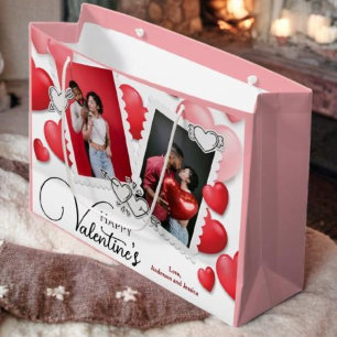 Grand Sac Cadeau Happy Valentine's 4 Photo Collage Red Pink Hearts