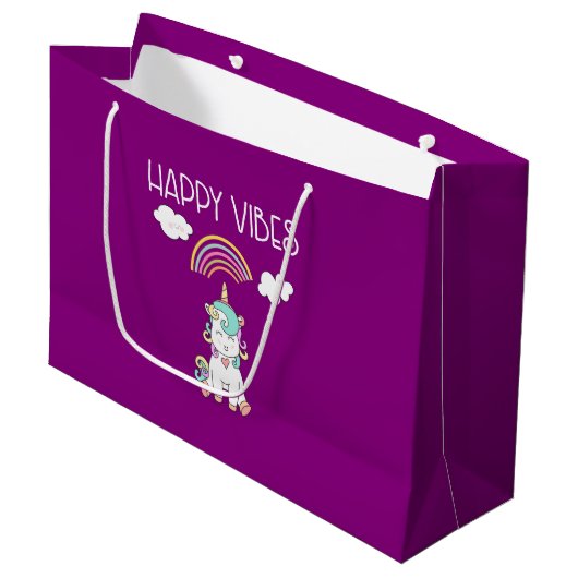 Grand Sac Cadeau Happy Vibes Typographie Awesome Rainbow & Unicorn (Devant Angle)