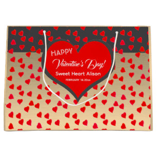 Grand Sac Cadeau Heureuse Sainte-Valentin Red Heart Motif Gold Blac