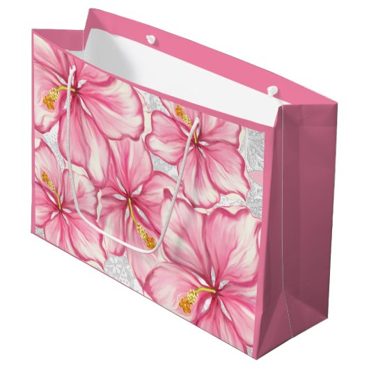 Grand Sac Cadeau Hibiscus & dentelle PINK (Devant Angle)
