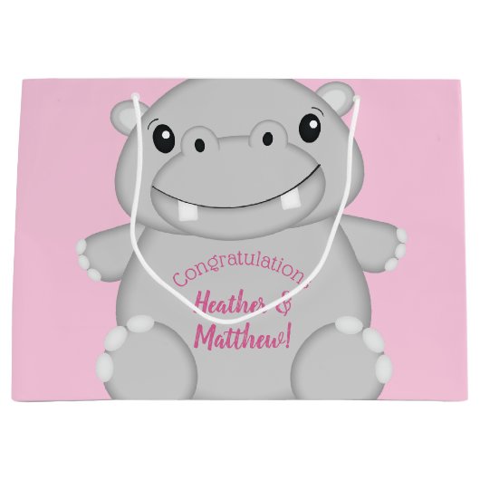 Grand Sac Cadeau Hippo Baby shower rose (Devant)