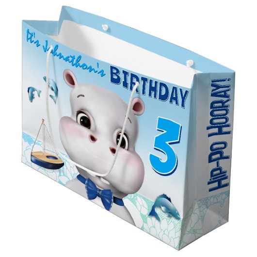 Grand Sac Cadeau Hippo Blue Boy Anniversaire (Devant Angle)