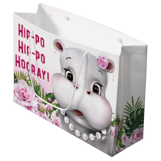 Grand Sac Cadeau Hippo rose florale fille anniversaire (Devant Angle)