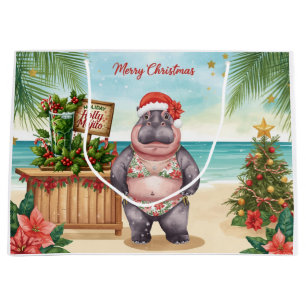 Grand Sac Cadeau Hippopotame en Bikini avec Cocktail Soirée de Noël