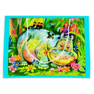 Grand Sac Cadeau hippopotame et oiseaux aux couleurs vives