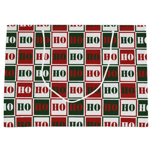 Grand Sac Cadeau HO HO carré rouge, vert et blanc (Devant)