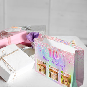 Grand Sac Cadeau Holographie rose violet photo 10e anniversaire