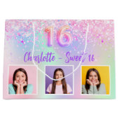 Grand Sac Cadeau Holographie rose violet Sweet 16 (Devant)