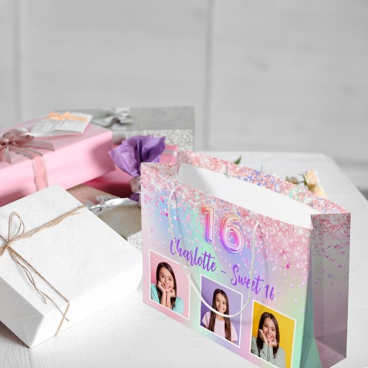 Grand Sac Cadeau Holographie rose violet Sweet 16