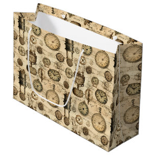 Grand Sac Cadeau Horloge ancienne engrenages Parchemin Brun