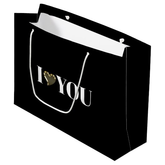 Grand Sac Cadeau I Love You, coeur noir blanc or moderne (Devant Angle)