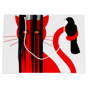 Grand Sac Cadeau Illustration de chat rouge et d'oiseau noir