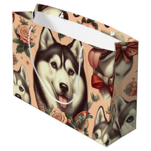 Grand Sac Cadeau Illustration Vintage de Husky Sibérien