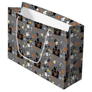 Grand Sac Cadeau Illustré Motif d'Halloween avec gris, noir