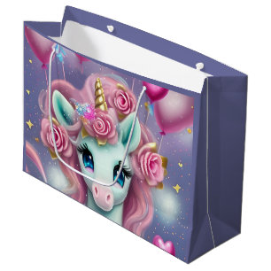 Grand Sac Cadeau Imaginaire Bébé blanc licorne avec Coeurs roses