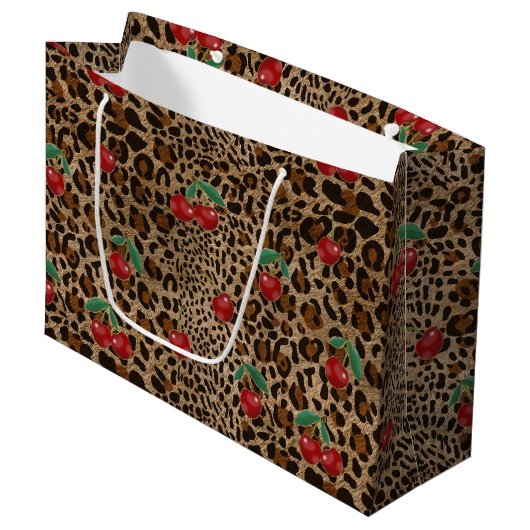 Grand Sac Cadeau Impression d'animal Léopard Guépard à motif Cerise (Devant Angle)