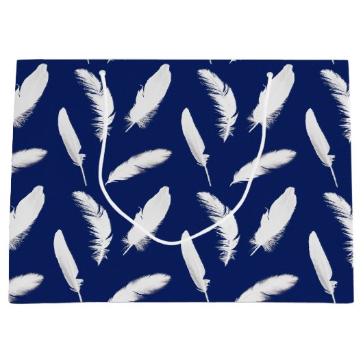Grand Sac Cadeau Impression en plumes blanches sur bleu foncé (Devant)