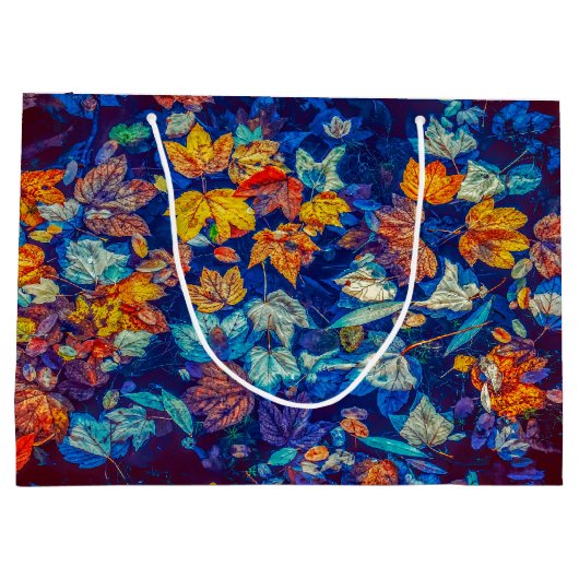 Grand Sac Cadeau Indigo automne feuilles tourbillonnantes motif (Dos)