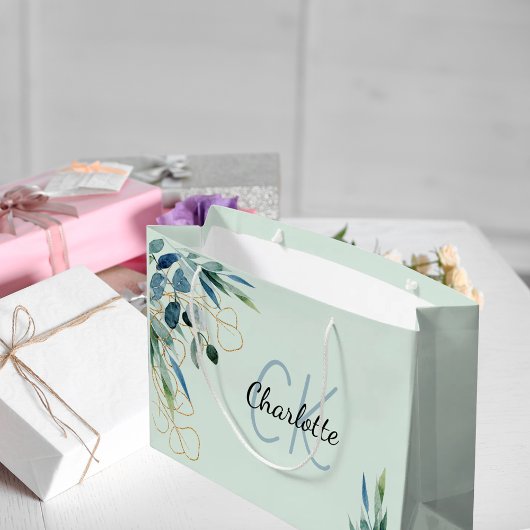 Grand Sac Cadeau Initiales de monogramme de feuillage de verdure d'