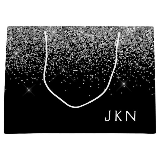 Grand Sac Cadeau Initiales de nom girly en paillettes noir argenté (Devant)