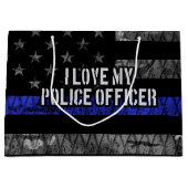 Grand Sac Cadeau J'Aime Mon Policier Mince Ligne Bleue Distresse (Devant)