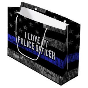Grand Sac Cadeau J'Aime Mon Policier Mince Ligne Bleue Distresse