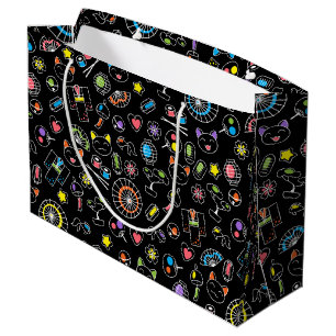 Grand Sac Cadeau Japonais Kawaii Doodles de culture sur le noir