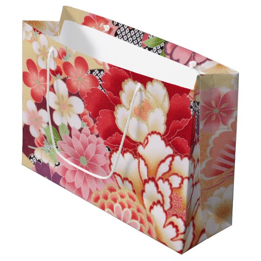 Grand Sac Cadeau Japonais KIMONO Textile, Floret Motif (Devant Angle)