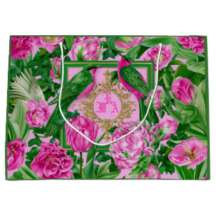 Grand Sac Cadeau Jardin Exotique Glam Monogramme Rose et Vert 
