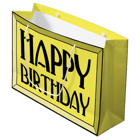 Grand Sac Cadeau Jaune Beveled Joyeux Anniversaire Art Déco (Devant Angle)