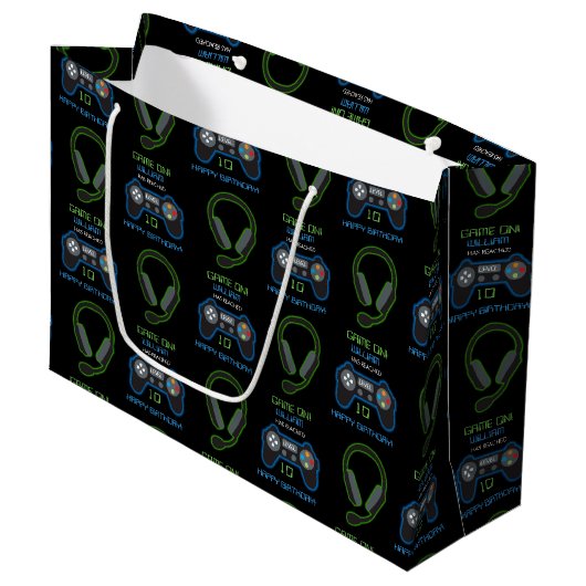 Grand Sac Cadeau Jeu vidéo Neon Blue & Green Anniversaire Nom d'âge (Devant Angle)