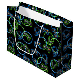 Grand Sac Cadeau Jeu vidéo Neon Blue & Green Motif