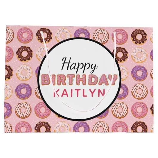 Grand Sac Cadeau JEUX ANNIVERSAIRE Pink Iced Donuts Motif Avec Nom (Dos)