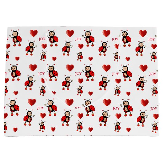 Grand Sac Cadeau Joie Ladybugs, Coeurs et Joy Texte en blanc (Devant)