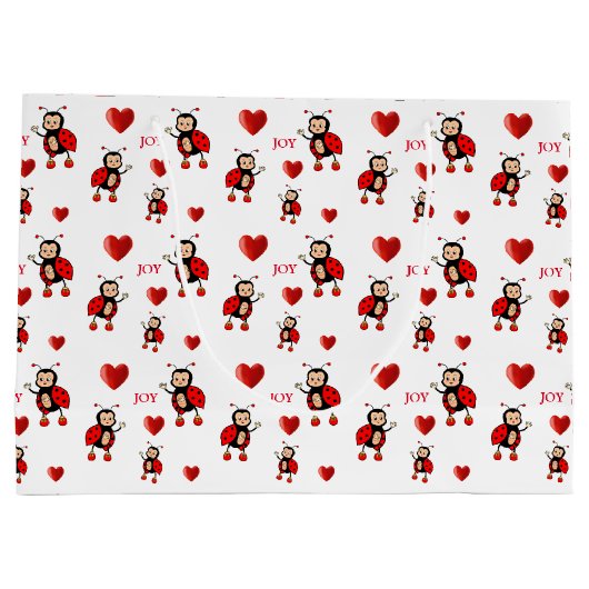 Grand Sac Cadeau Joie Ladybugs, Coeurs et Joy Texte en blanc (Dos)
